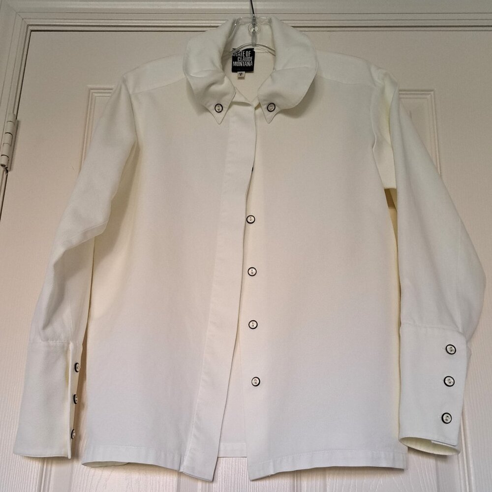 Claude Montana Vintage White Cotton Piqué Shirt Blouse Made in Italy Size 42 IT